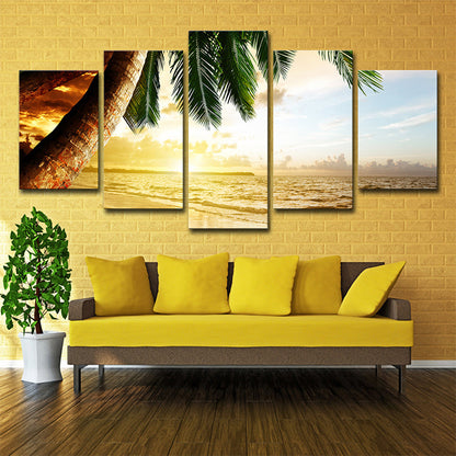 Rynx | Beach Palm Tree Canvas Art Tropix Beautiful Sunset over the Sea Scene Wall Decoration in Gold