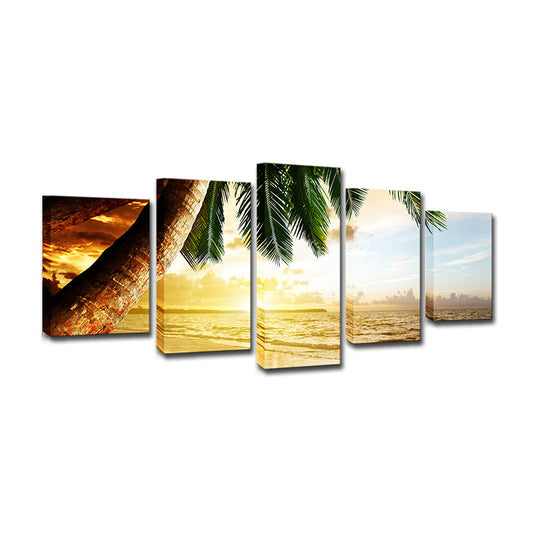 Rynx | Beach Palm Tree Canvas Art Tropix Beautiful Sunset over the Sea Scene Wall Decoration in Gold