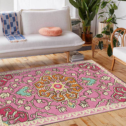 Rynx | Moroccan Living Room Rug in Pink Medallion Flower Print Rug Polyester Machine Washable Non-Slip Area Rug
