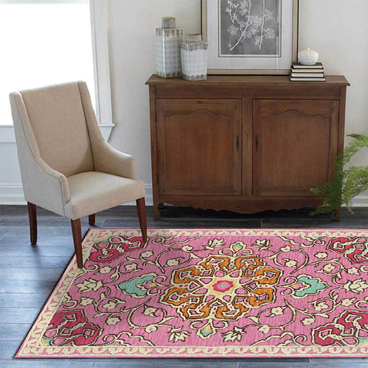 Rynx | Moroccan Living Room Rug in Pink Medallion Flower Print Rug Polyester Machine Washable Non-Slip Area Rug