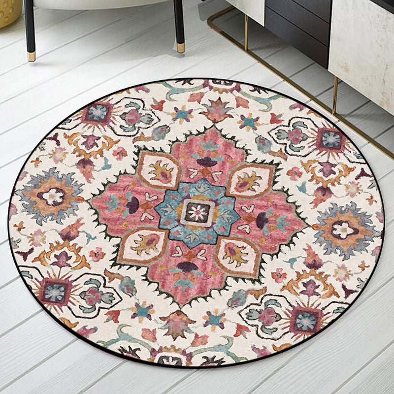 Rynx | Pink Moroccan Rug Polyester Medallion Print Rug Washable Non-Slip Backing Carpet for Living Room