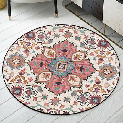 Rynx | Pink Moroccan Rug Polyester Medallion Print Rug Washable Non-Slip Backing Carpet for Living Room