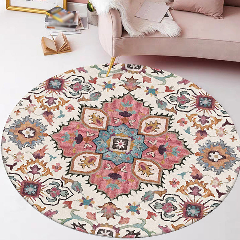 Rynx | Pink Moroccan Rug Polyester Medallion Print Rug Washable Non-Slip Backing Carpet for Living Room