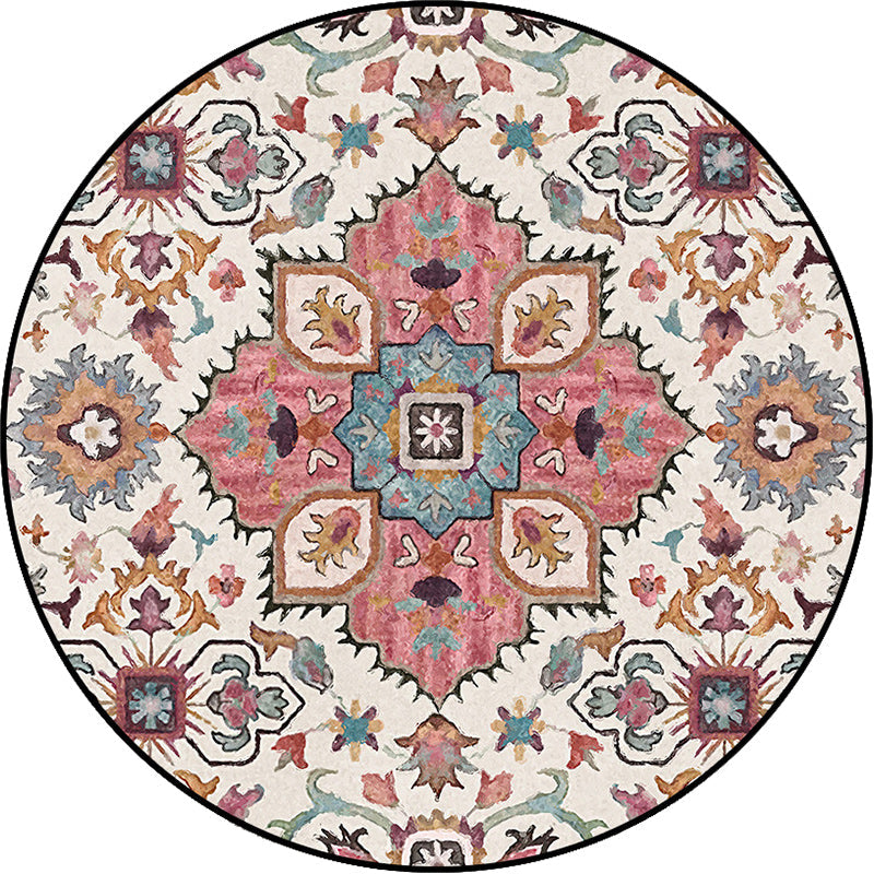 Rynx | Pink Moroccan Rug Polyester Medallion Print Rug Washable Non-Slip Backing Carpet for Living Room