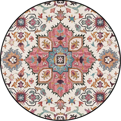 Rynx | Pink Moroccan Rug Polyester Medallion Print Rug Washable Non-Slip Backing Carpet for Living Room