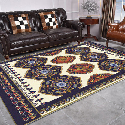Rynx | Navy Blue and Beige Americana Rug Polyester Tribal Floral Pattern Rug Washable Non-Slip Back Rug for Living Room