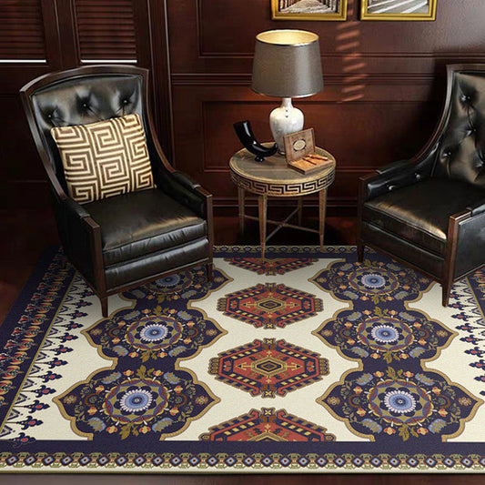 Rynx | Navy Blue and Beige Americana Rug Polyester Tribal Floral Pattern Rug Washable Non-Slip Back Rug for Living Room