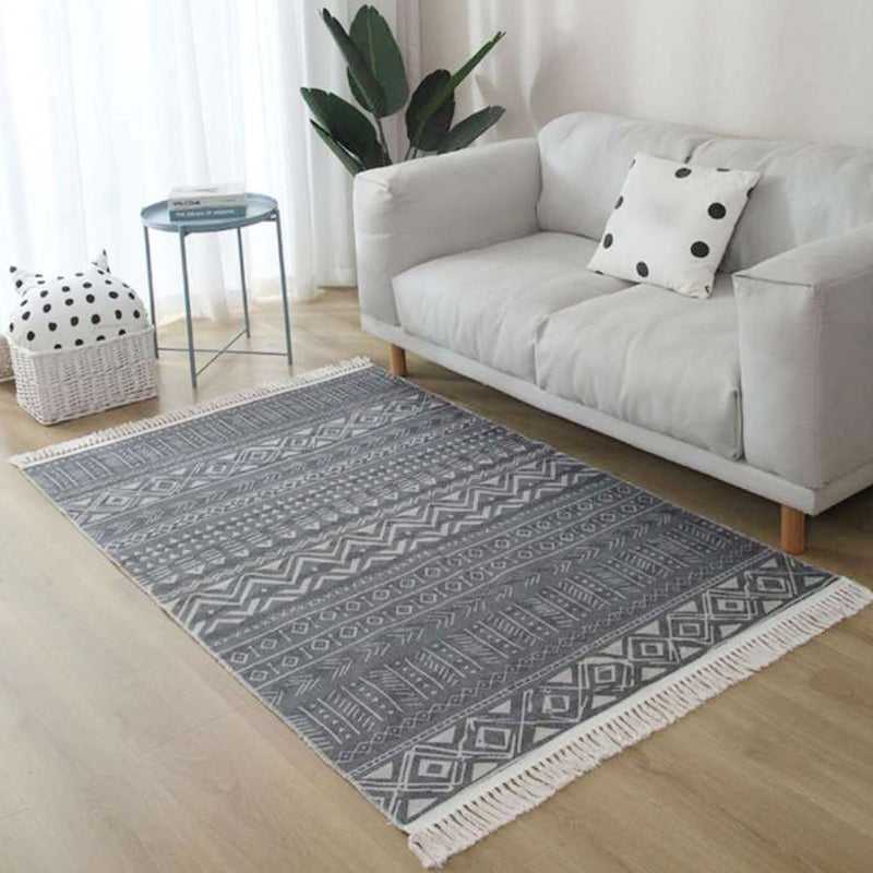 Rynx | Americana Tribal Pattern Rug Black and White Linen Rug Machine Washable Fringe Area Rug for Bedroom
