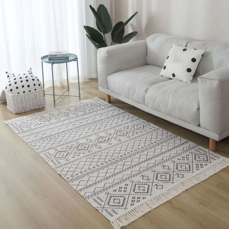 Rynx | Americana Tribal Pattern Rug Black and White Linen Rug Machine Washable Fringe Area Rug for Bedroom