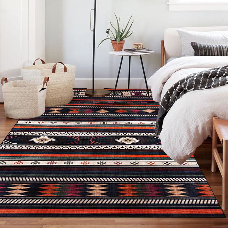 Rynx | Tribal Southwest Rug in Black Geometric Stripe Pattern Rug Polyester Non-Slip Rug for Home Decor