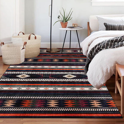 Rynx | Tribal Southwest Rug in Black Geometric Stripe Pattern Rug Polyester Non-Slip Rug for Home Decor