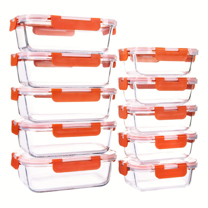 Rynx | 10-Pack Glass Meal Prep Containers Set with Airtight Lids – Durable Food Storage & Glass Lunch Boxes for Home, Kitchen, Office Orange