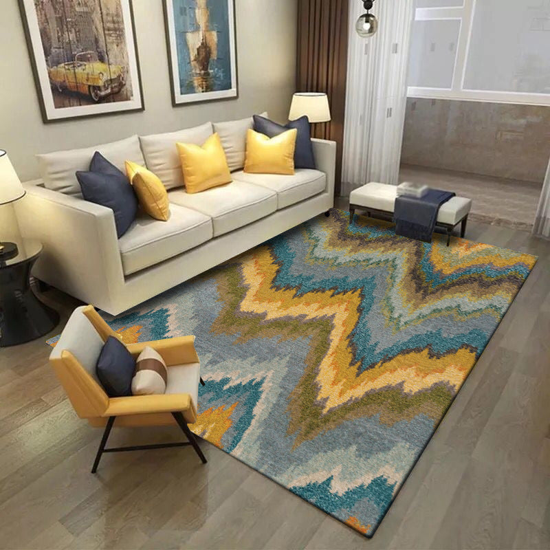 Rynx | Minimalist Modern Rug in Yellow and Blue Abstract Wave Pattern Rug Polyester Anti-Slip Carpet for Home Decoration