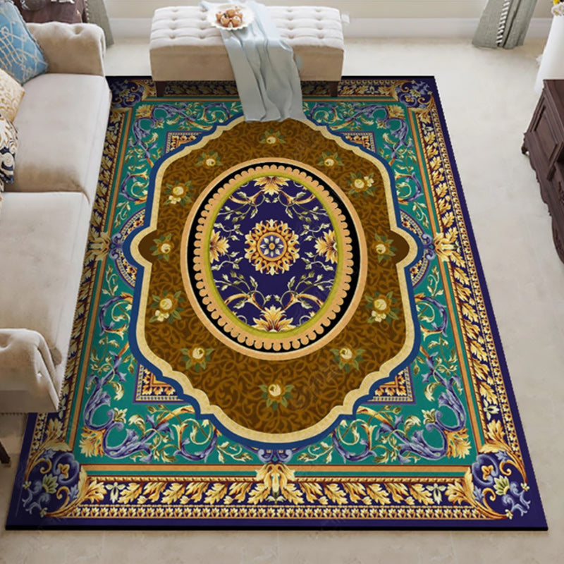 Rynx | Oriental Moroccan Rug in Blue and Red Medallion Floral Leaf Pattern Rug Polyester Washable Carpet for Home Decoration