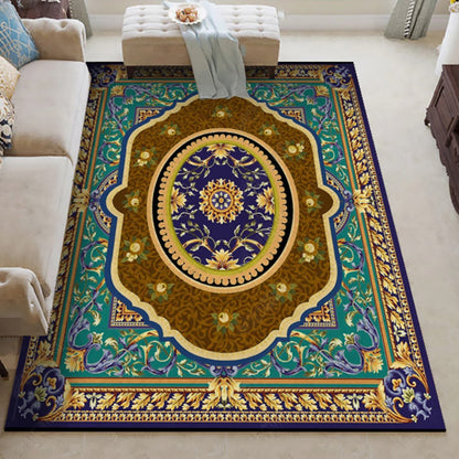 Rynx | Oriental Moroccan Rug in Blue and Red Medallion Floral Leaf Pattern Rug Polyester Washable Carpet for Home Decoration