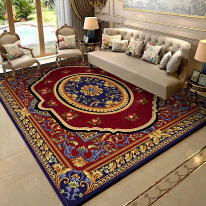 Rynx | Oriental Moroccan Rug in Blue and Red Medallion Floral Leaf Pattern Rug Polyester Washable Carpet for Home Decoration