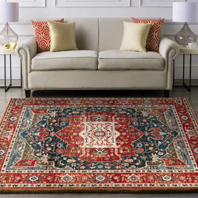 Rynx | Oriental Moroccan Rug in Blue and Red Medallion Floral Leaf Pattern Rug Polyester Washable Carpet for Home Decoration