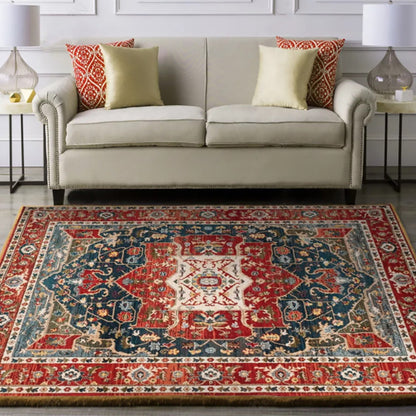 Rynx | Oriental Moroccan Rug in Blue and Red Medallion Floral Leaf Pattern Rug Polyester Washable Carpet for Home Decoration