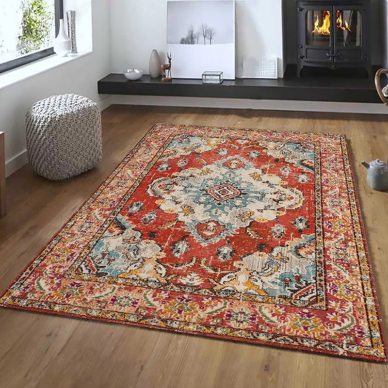 Rynx | Oriental Moroccan Rug in Blue and Red Medallion Floral Leaf Pattern Rug Polyester Washable Carpet for Home Decoration