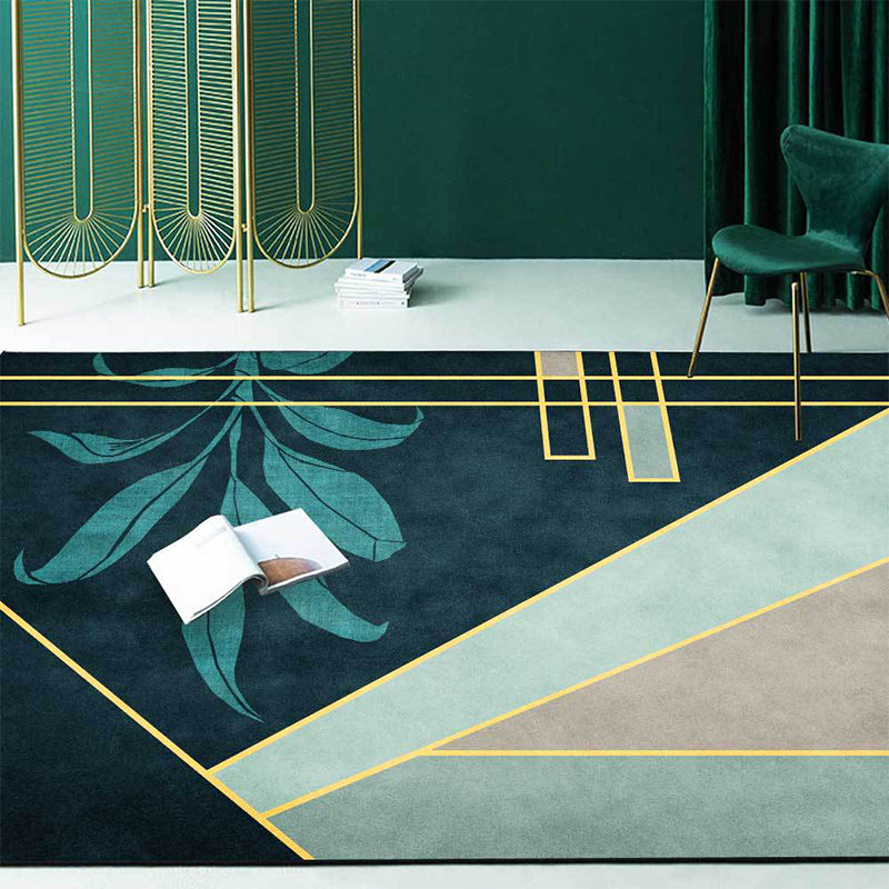 Rynx | Green Novelty Rug Polyester Geometric and Leaf Pattern Rug Washable Non-Slip Backing Carpet for Living Room