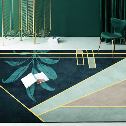 Rynx | Green Novelty Rug Polyester Geometric and Leaf Pattern Rug Washable Non-Slip Backing Carpet for Living Room