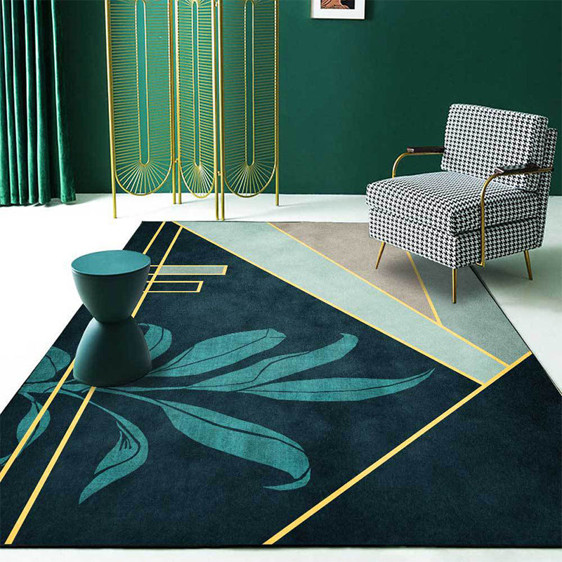 Rynx | Green Novelty Rug Polyester Geometric and Leaf Pattern Rug Washable Non-Slip Backing Carpet for Living Room