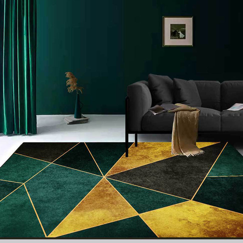 Rynx | Simple Geometric Pattern Rug Green and Golden Nordic Rug Polyester Washable Anti-Slip Backing Area Rug for Living Room