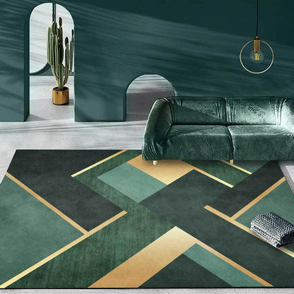Rynx | Nordic Geometric Pattern Rug Green and Golden Polyester Rug Machine Washable Non-Slip Area Rug for Bedroom