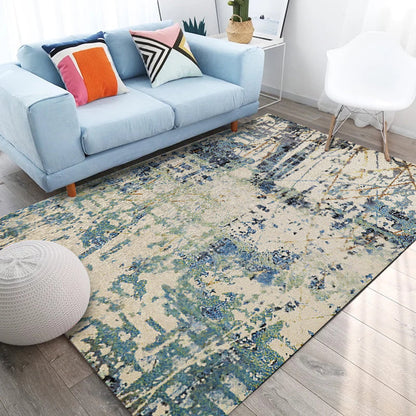 Rynx | Ivory and Teal Bedroom Rug Modern Abstract Pattern Area Rug Polyester Pet Friendly Washable Carpet