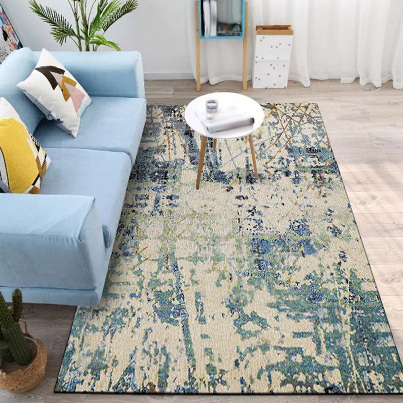 Rynx | Ivory and Teal Bedroom Rug Modern Abstract Pattern Area Rug Polyester Pet Friendly Washable Carpet