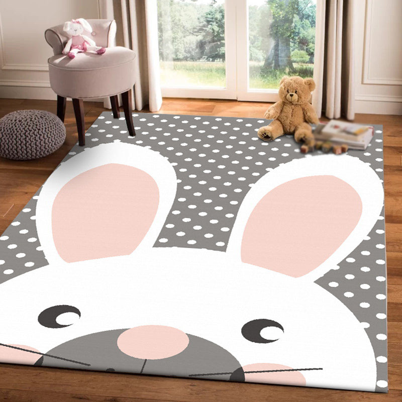 Rynx | Gray Children's Room Carpet Children's Animal Rabbit Dots Pattern Area Rug Polyester Non-Slip Back Carpet