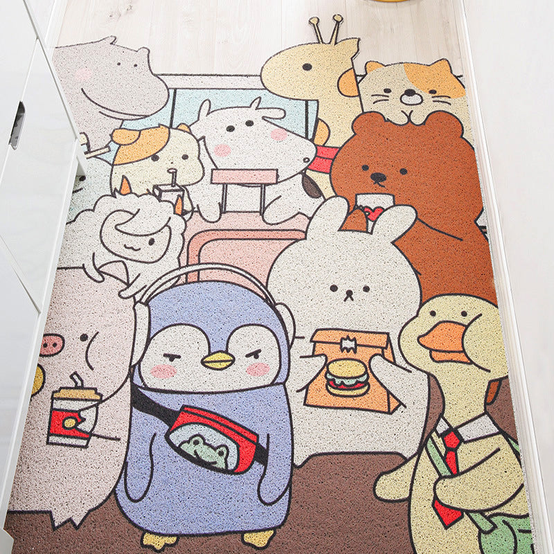Rynx | Children Irregular Kids Room Rug in Yellow and Gray Animal Cat Rabbit Penguin Print Rug Polyester Non-slip Area Rug