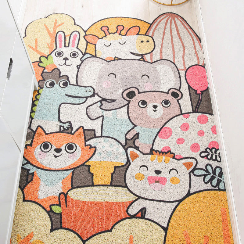 Rynx | Children Irregular Kids Room Rug in Yellow and Gray Animal Cat Rabbit Penguin Print Rug Polyester Non-slip Area Rug