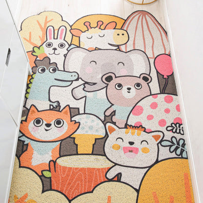 Rynx | Children Irregular Kids Room Rug in Yellow and Gray Animal Cat Rabbit Penguin Print Rug Polyester Non-slip Area Rug