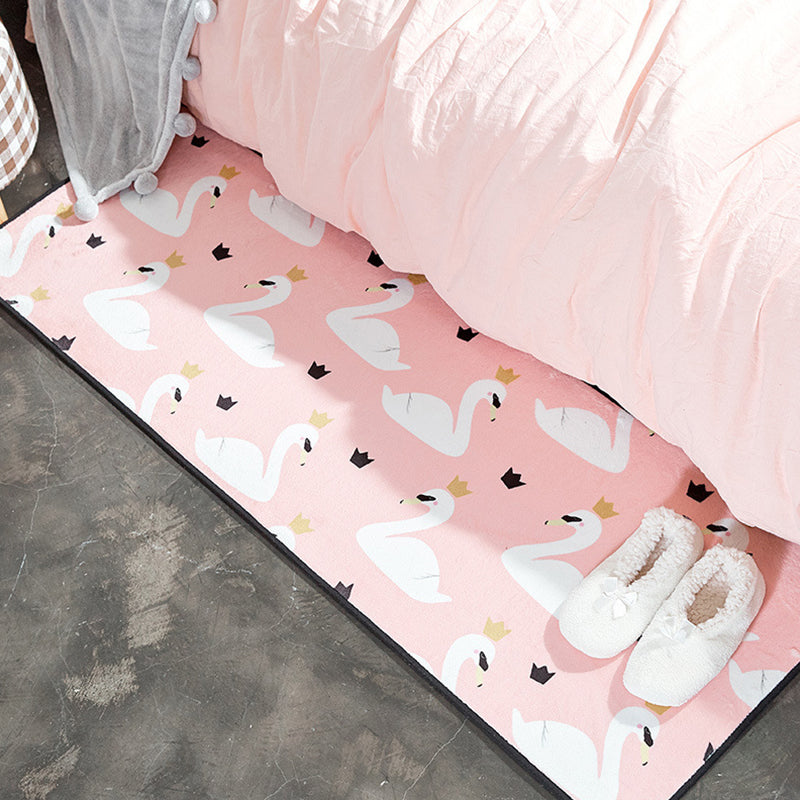 Rynx | Casual Kids Carpet in Pink Animal Swan Crown Pattern Carpet Polyester Non-Slip Rug for Children's Room