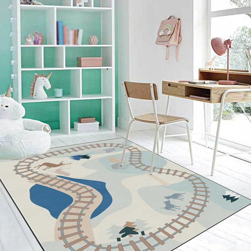 Rynx | Casual Kids Carpet in Blue Cars & Roads Deer Horse Tree Pattern Carpet Polyester Anti-Slip Back Carpet for the Children's Room