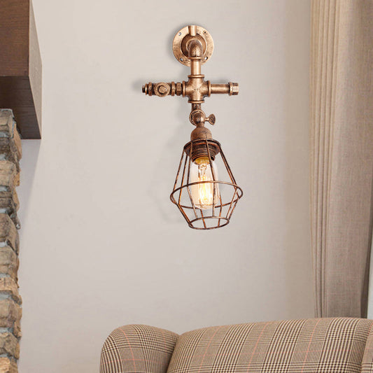 Rynx | Diamond Cage Iron Wall Mount Light with Pipe Design Industrial Style 1 Bulb Bedroom Wall Lighting in Antique Brass/Silver