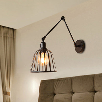 Rynx | Swing Arm Metallic Wall Lamp with Wire Cage Industrial 1 Light Bedroom Wall Lamp in Black