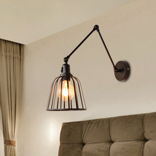 Rynx | Swing Arm Metallic Wall Lamp with Wire Cage Industrial 1 Light Bedroom Wall Lamp in Black