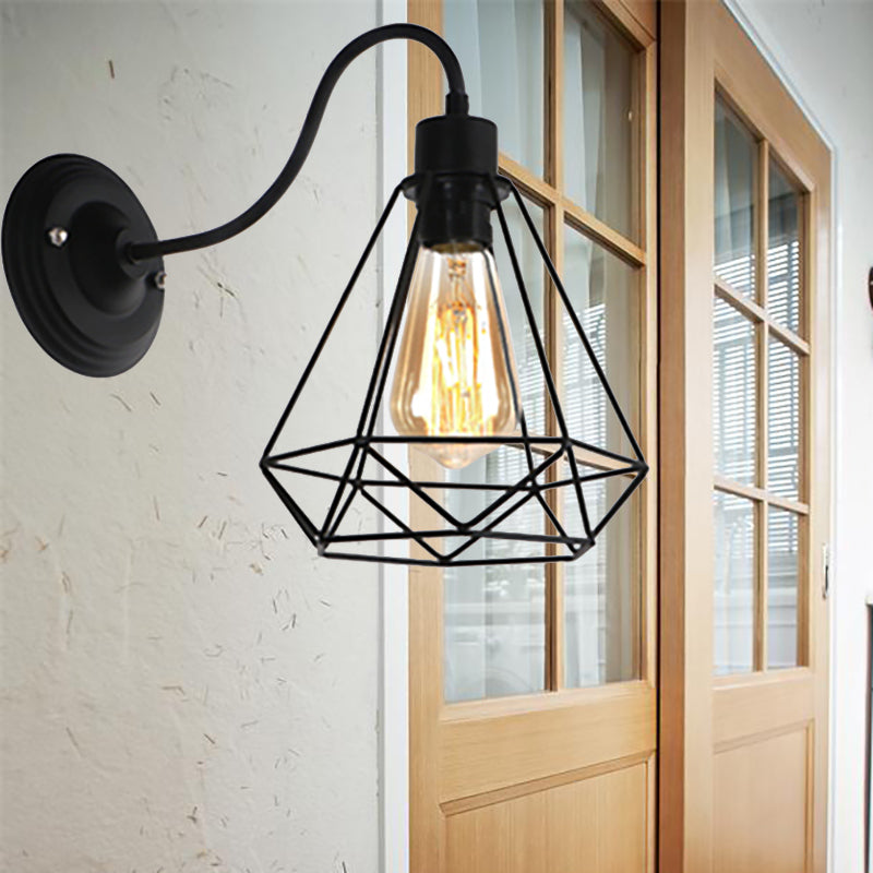 Rynx | Black 1 Light Wall Lamp Retro Style Metal Diamond/Star Wall Light with Cage Shade for Café
