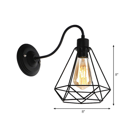 Rynx | Black 1 Light Wall Lamp Retro Style Metal Diamond/Star Wall Light with Cage Shade for Café