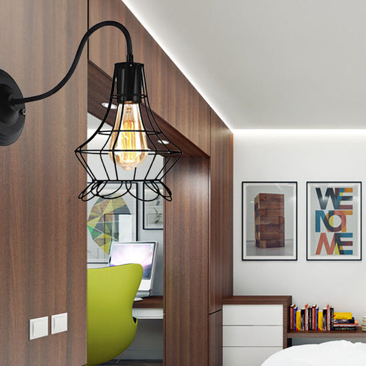 Rynx | Black 1 Light Wall Lamp Retro Style Metal Diamond/Star Wall Light with Cage Shade for Café