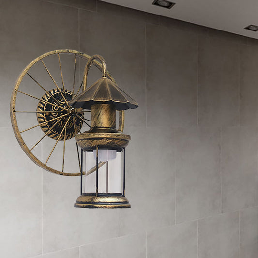 Rynx | Black/Bronze Lantern Wall Lamp Vintage Industrial Metal 1 Lighting Restaurant Wall Lamp with Wheel Decoration