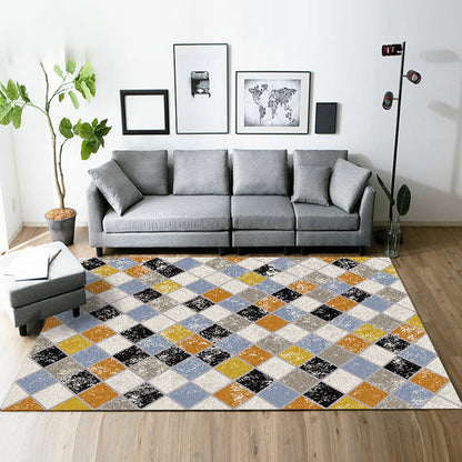 Rynx | Yellow and Brown Bedroom Rug Modern Geometric Square Pattern Area Rug Polyester Stain-Resistant Carpet