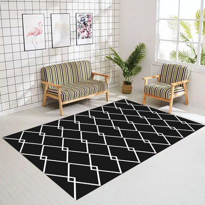 Rynx | Scandinavian Modern Rug in Black Geometry Rhombus Pattern Rug Polyester Anti-Slip Carpet for Home Decoration