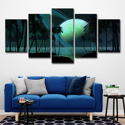 Rynx | Tropics Night Zeeland Landscape Canvas Green Ring Planet Wall Art Print for Family Room