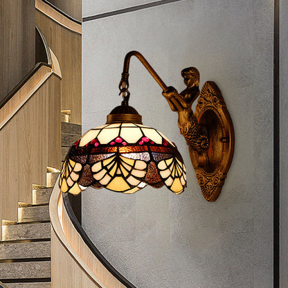 Rynx | 1 Head Scalloped Dome Wall Lamp Tiffany Gold Cut Glass Wall Lamp with Mermaid/Swinging Arm