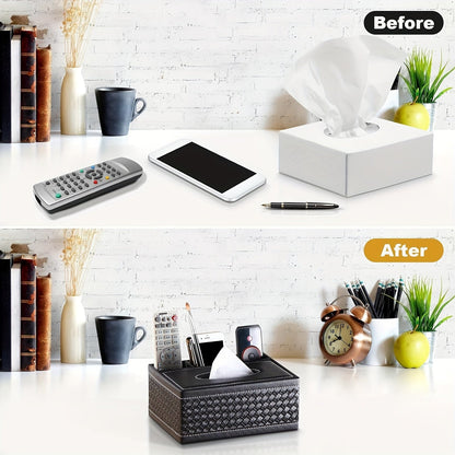 Rynx | Multifunctional Faux Leather Tissue and Storage Box – Four Compartments for Remote Control and Napkins