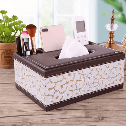 Rynx | Multifunctional Faux Leather Tissue and Storage Box – Four Compartments for Remote Control and Napkins