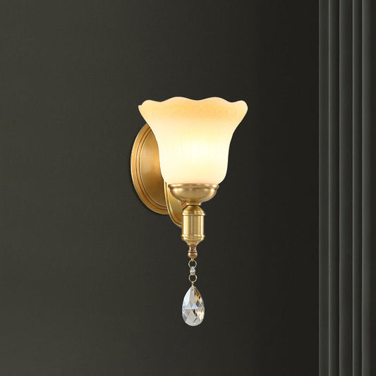 Rynx | Blossom Opaque Glass Wall Lamp Retro Style 1/2-Cup Gold Wall Lighting Ideas with Crystal Drop